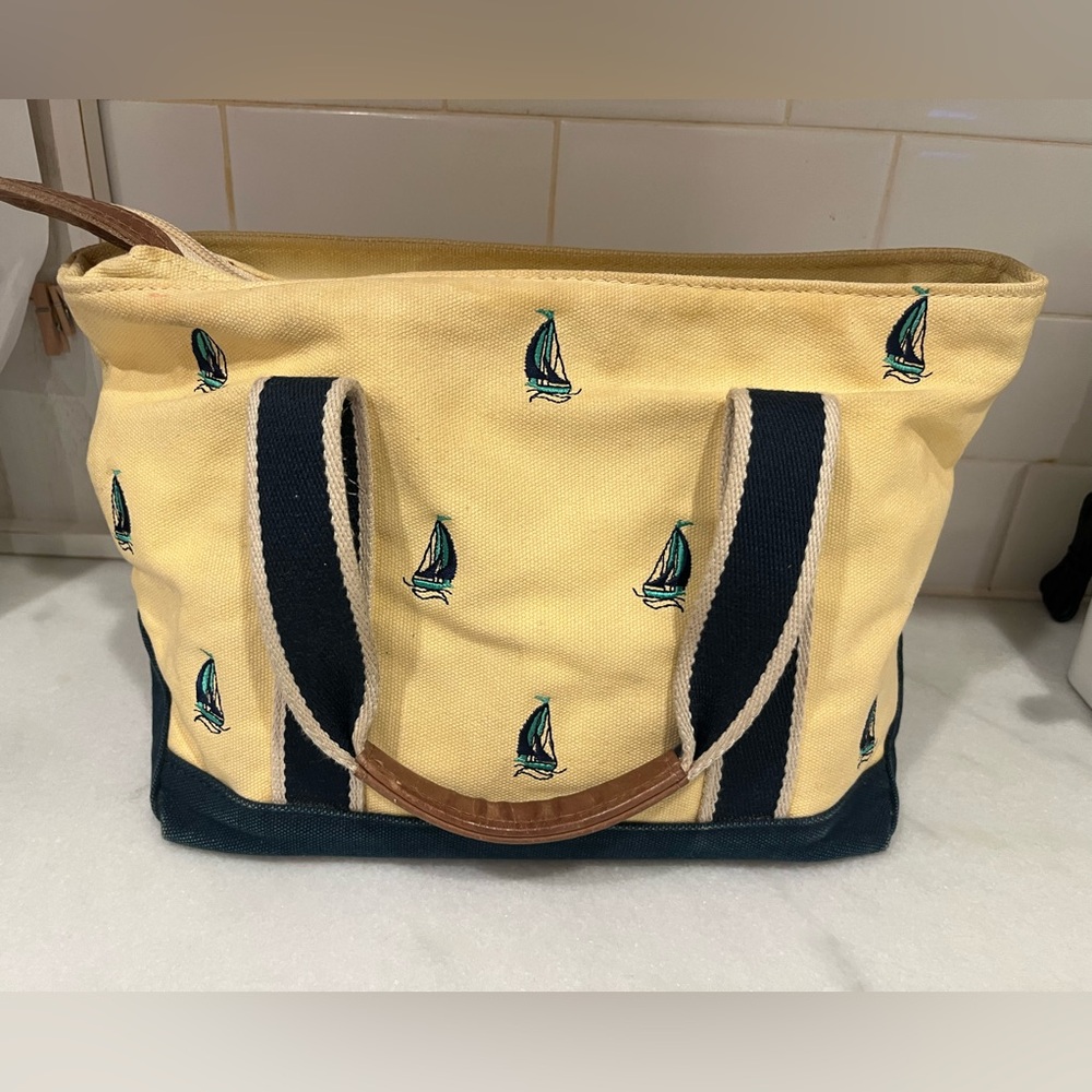 RARE LL Bean Yellow Mini Canvas Boat & Tote Bag - Sailboat Embroidery